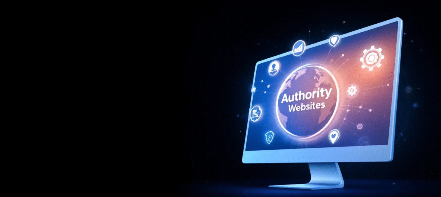 An illustration representing the concept of authority websites, showcasing various elements that contribute to a website's authority.