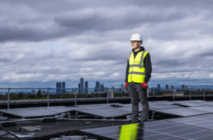 Man standing on roof beside solar panels