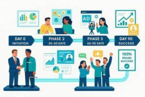A professional illustration showing a timeline from a handshake to growth and success, representing strategic planning and brand development.