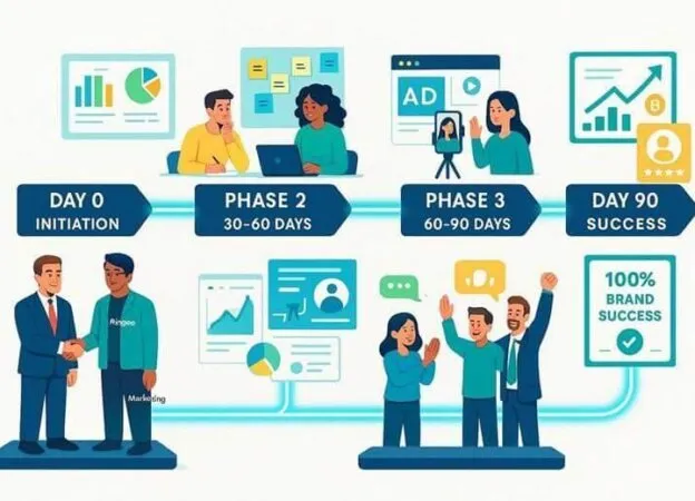 A professional illustration showing a timeline from a handshake to growth and success, representing strategic planning and brand development.