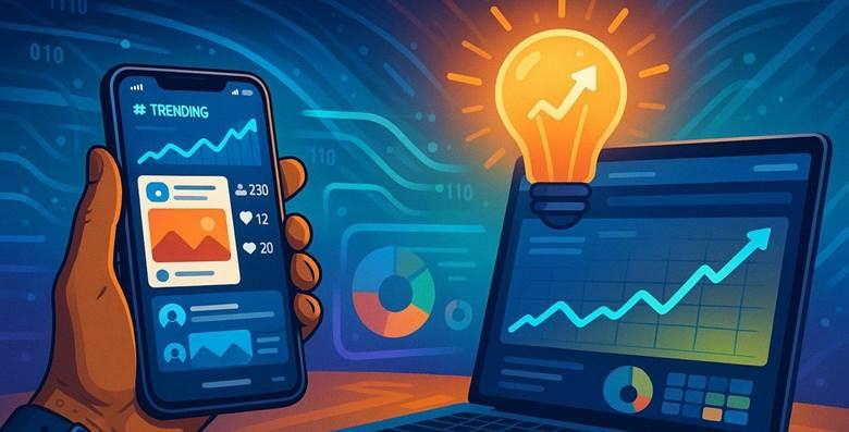A vibrant illustration of digital marketing in action with a smartphone, analytics graphs, and a lightbulb representing growth and strategic ideas.