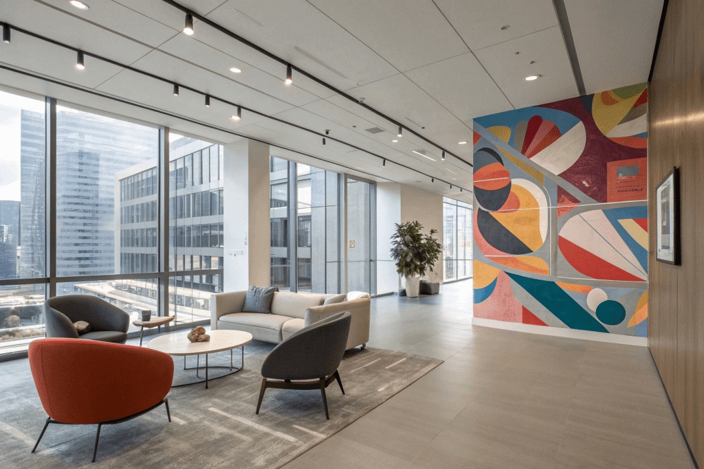 A modern office room featuring a large wall painting