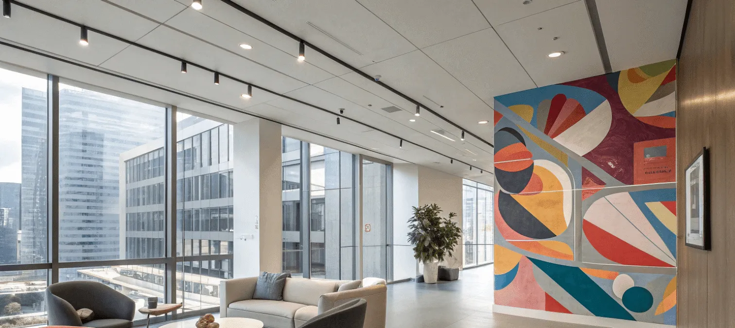A modern office room featuring a large wall painting