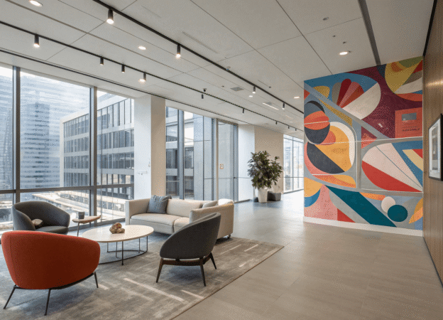 A modern office room featuring a large wall painting