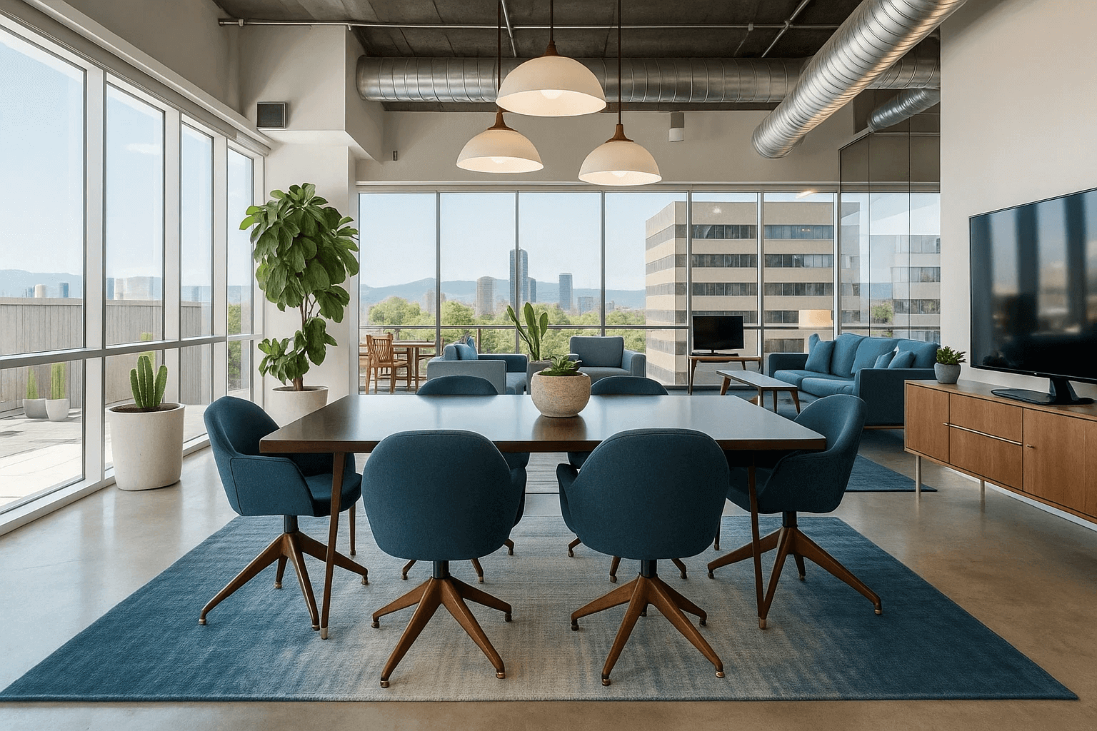Modern conference room with large table and blue chairs