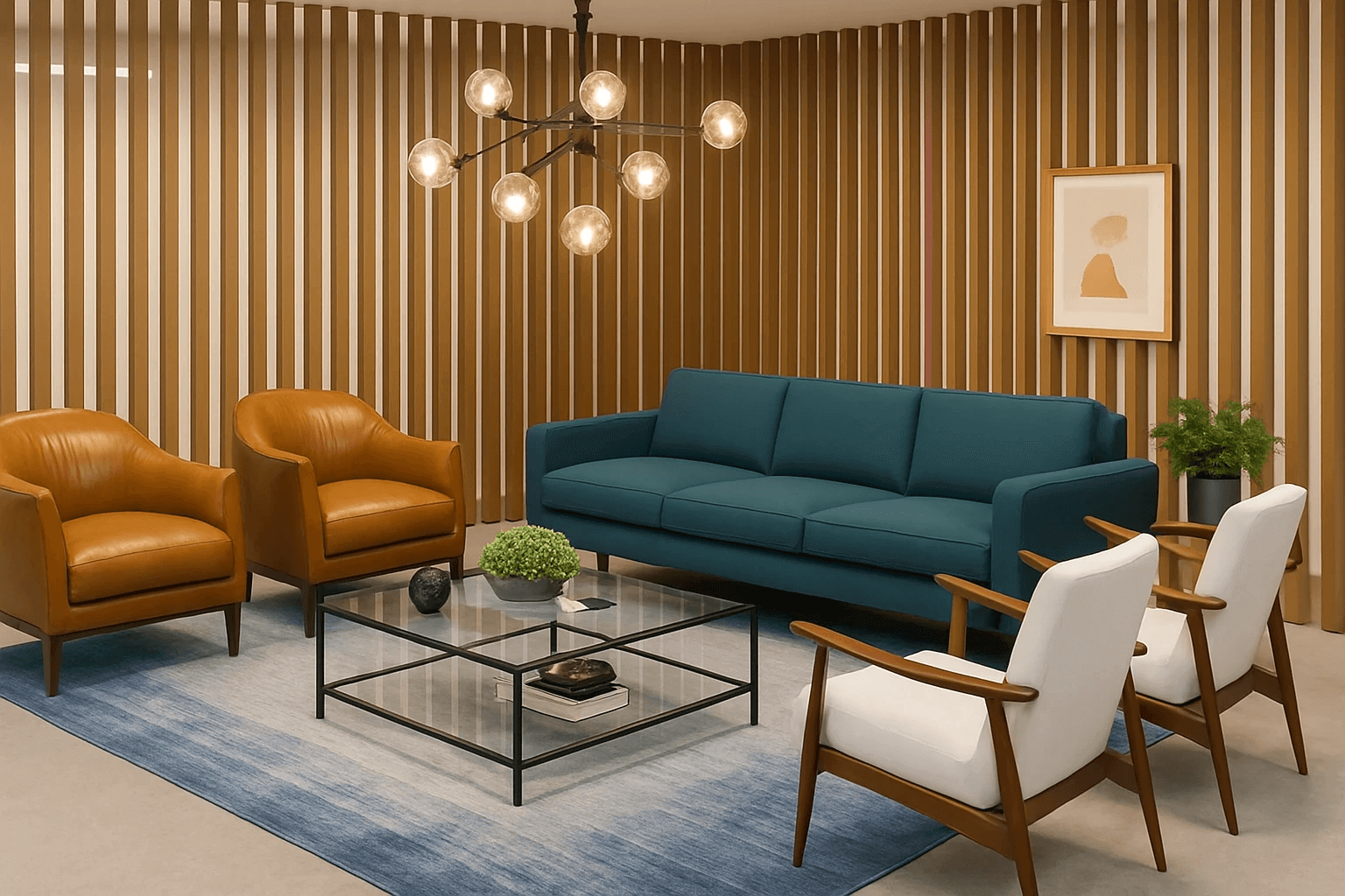 Modern living room with blue couch and chairs