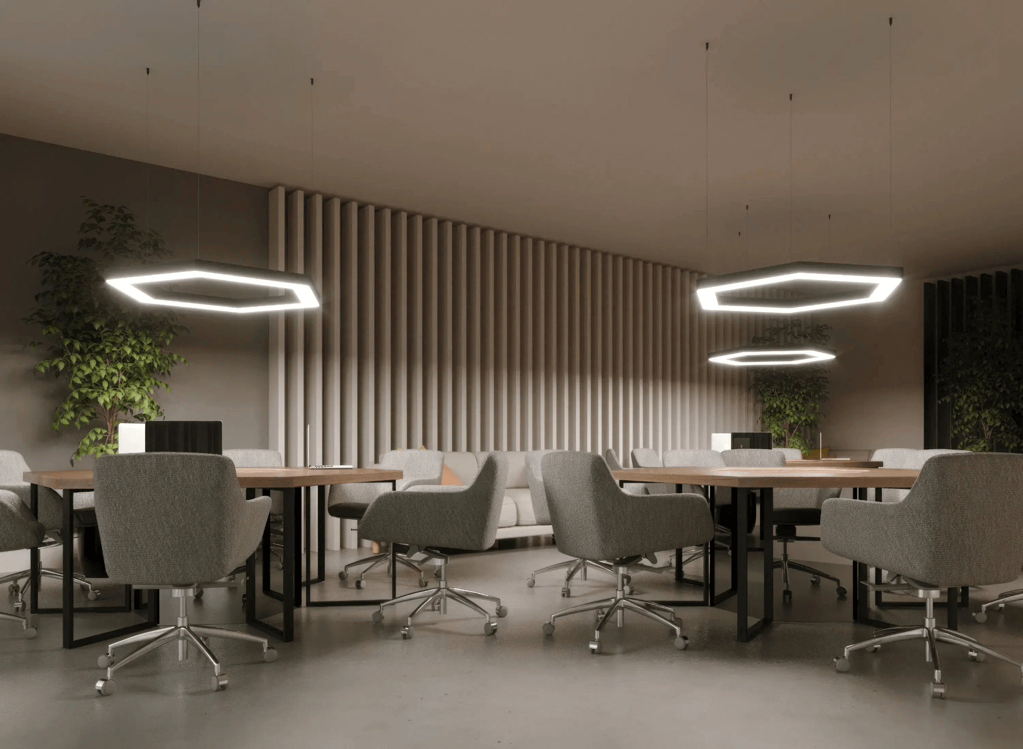 Modern office with multiple chairs and central table