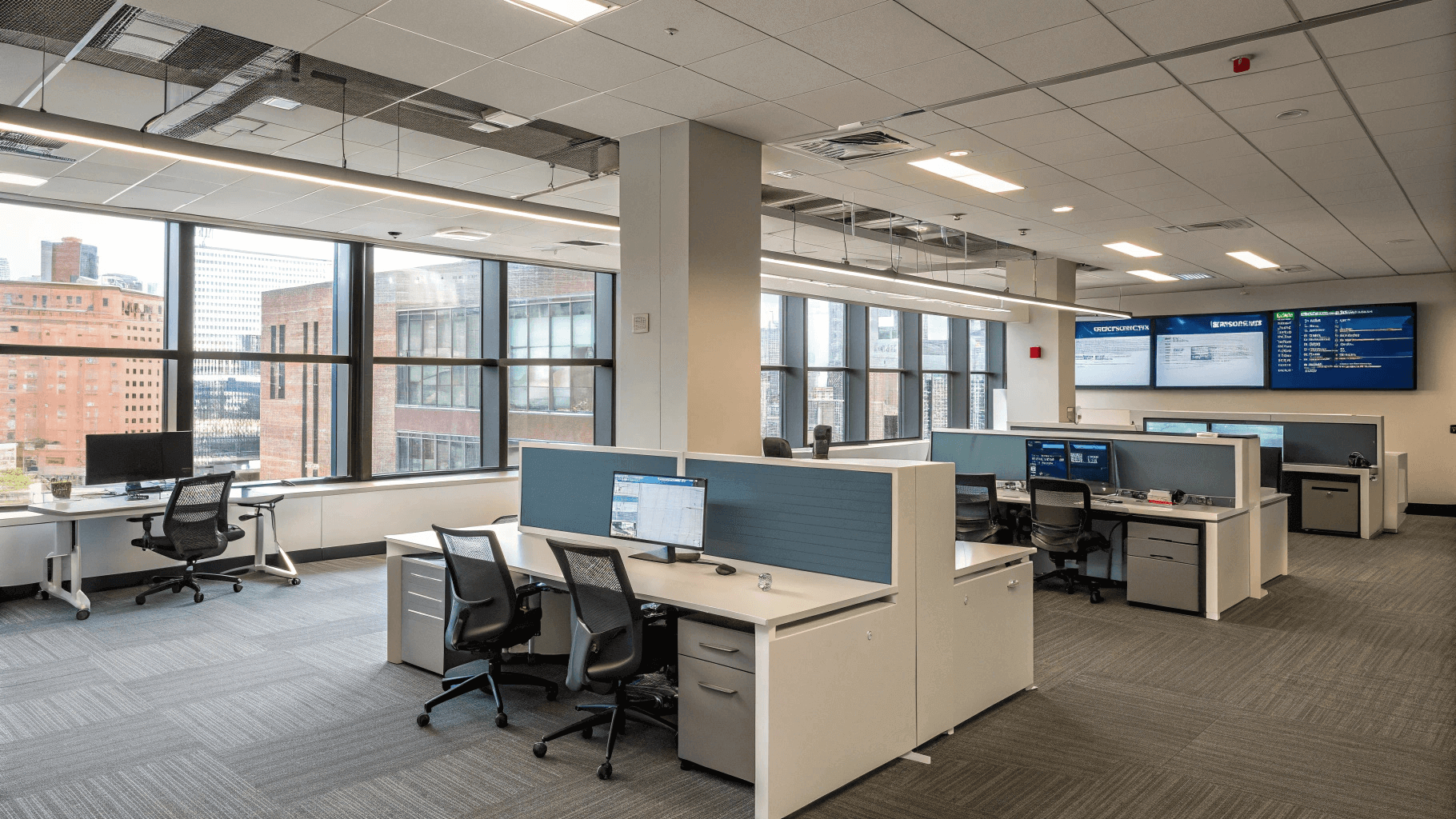 Modern office with multiple desks and monitors showcasing 2026 design trends