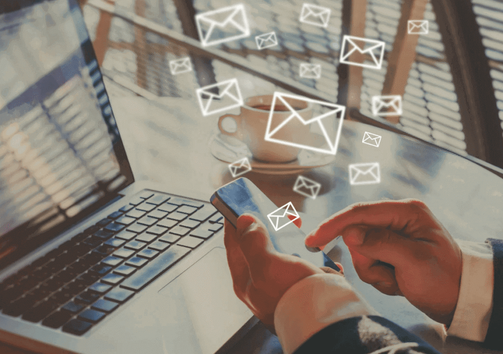 Person using laptop and phone for email personalization